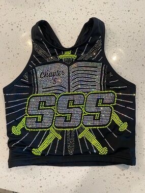 Cheer Athletics Black Rhinestone SSS Crop Top with Neon Yellow Accents